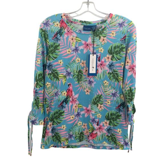 Caribbean Joe Tropical Pullover Top 3/4 Sleeve Crew Parrot floral Small SPRING - Picture 1 of 6